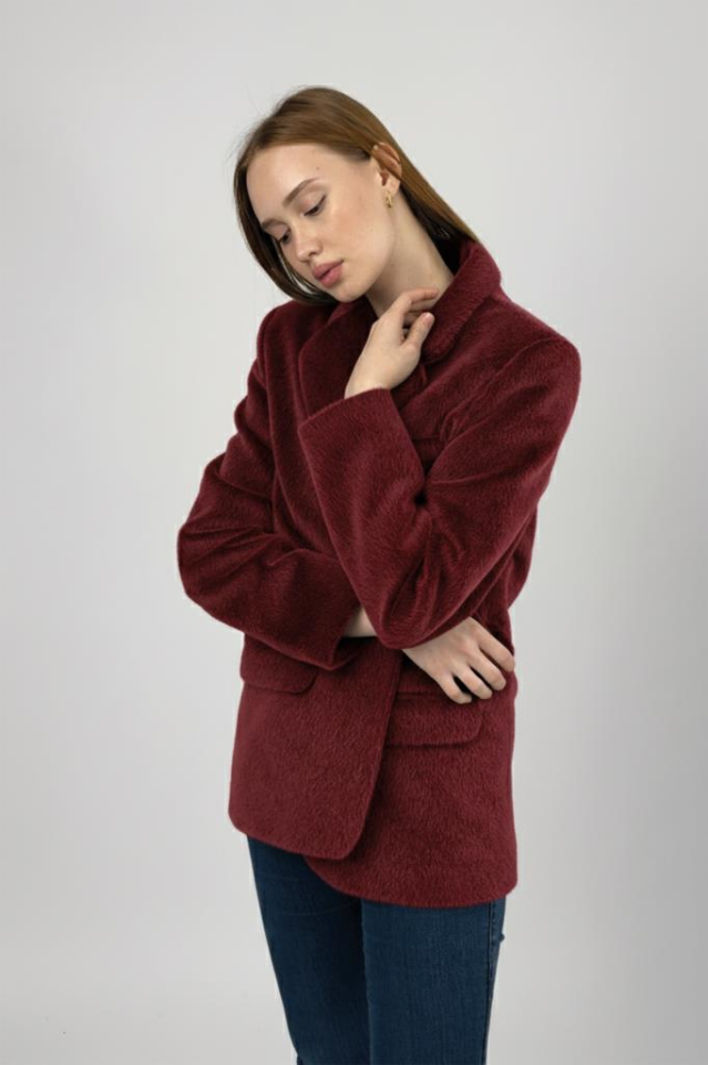 Kadın Peluşlu Kemerli Tüylü Ceket BORDO - L