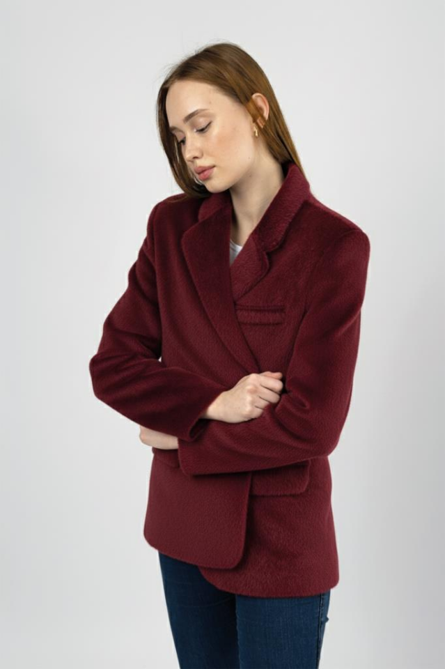 Kadın Peluşlu Kemerli Tüylü Ceket BORDO - L