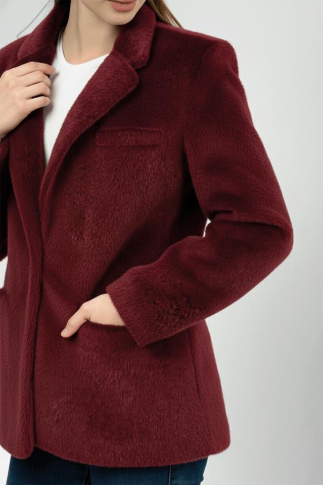Kadın Peluşlu Kemerli Tüylü Ceket BORDO - L