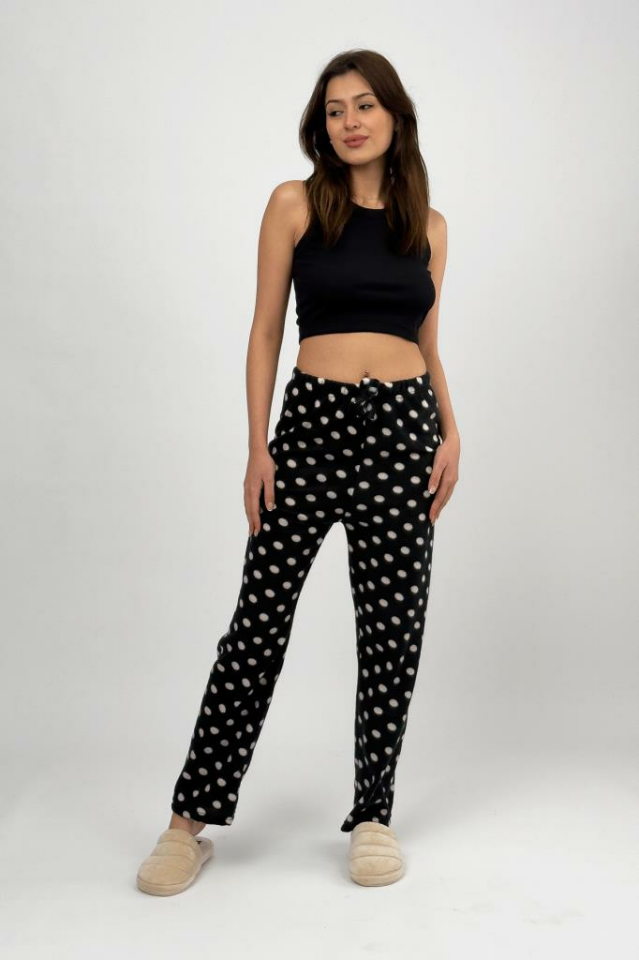 Kadın Polar Pijama Altı Kışlık Lastikli Bel Tek Alt Siyah Noktalı - L