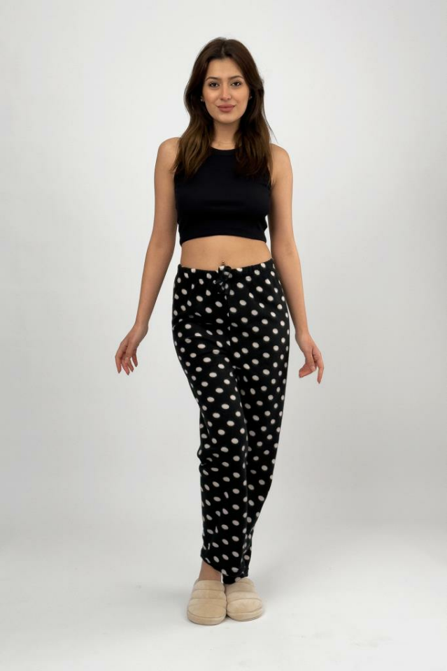 Kadın Polar Pijama Altı Kışlık Lastikli Bel Tek Alt Siyah Noktalı - L