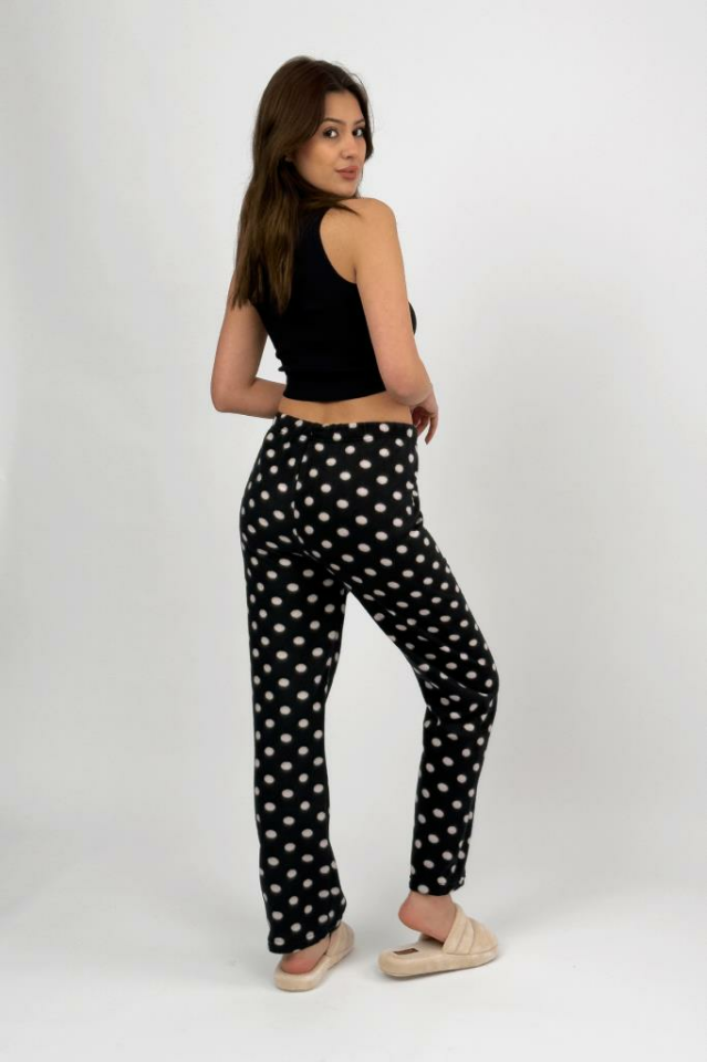 Kadın Polar Pijama Altı Kışlık Lastikli Bel Tek Alt Siyah Noktalı - L
