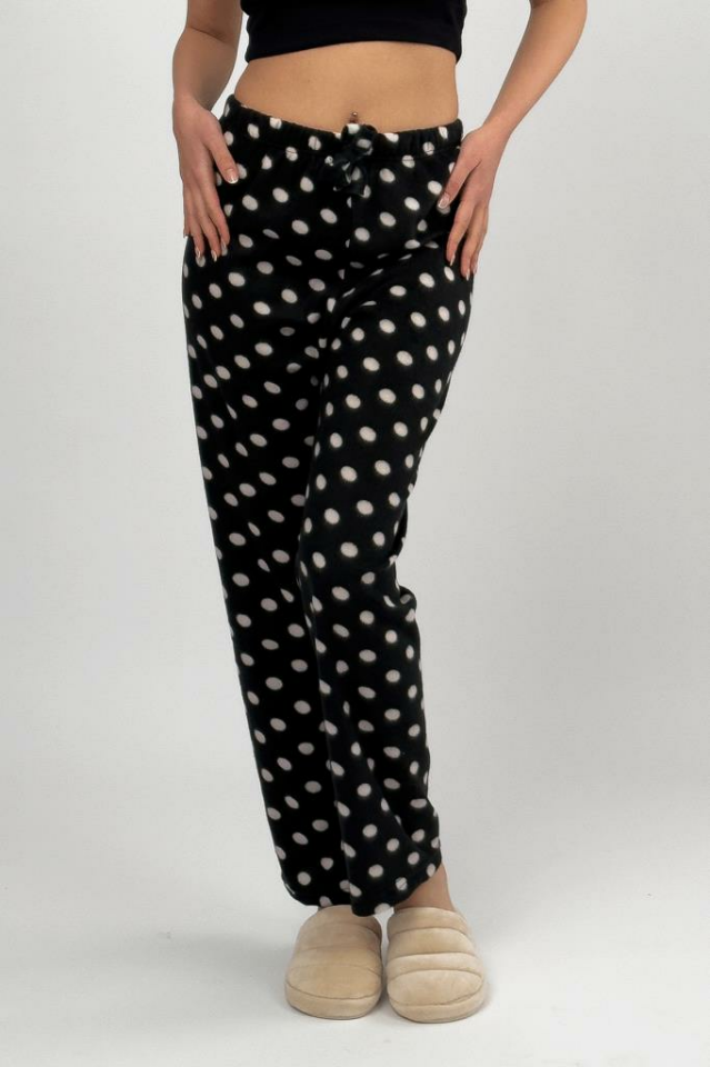 Kadın Polar Pijama Altı Kışlık Lastikli Bel Tek Alt Siyah Noktalı - L