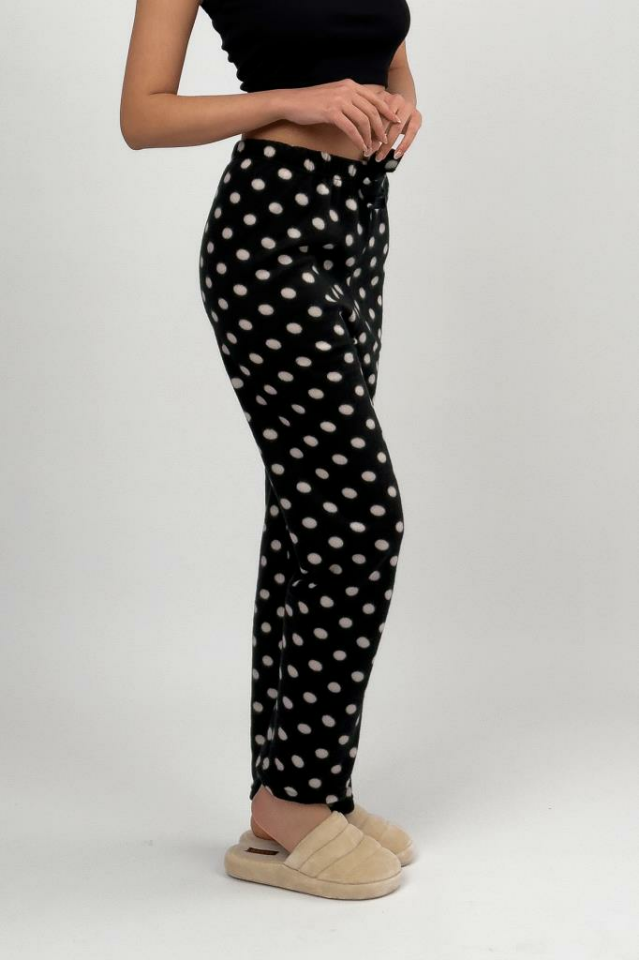 Kadın Polar Pijama Altı Kışlık Lastikli Bel Tek Alt Siyah Noktalı - L