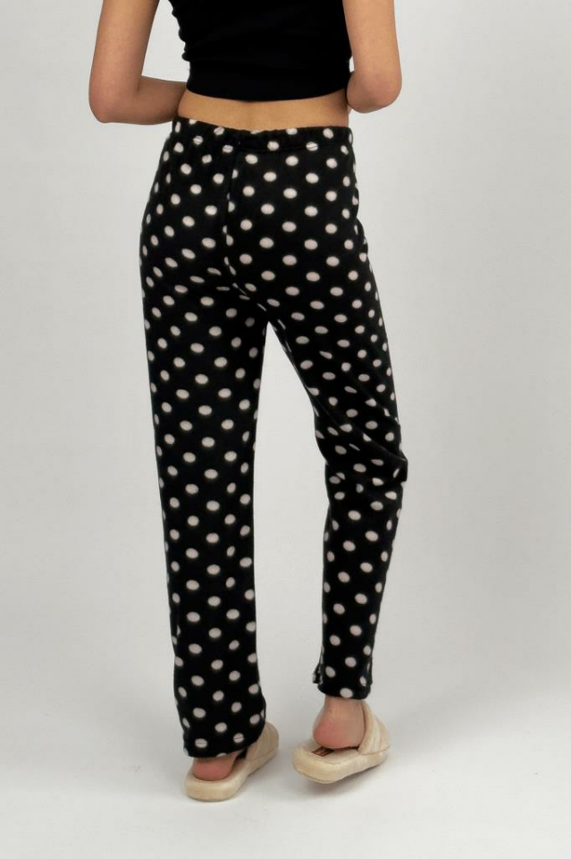 Kadın Polar Pijama Altı Kışlık Lastikli Bel Tek Alt Siyah Noktalı - L