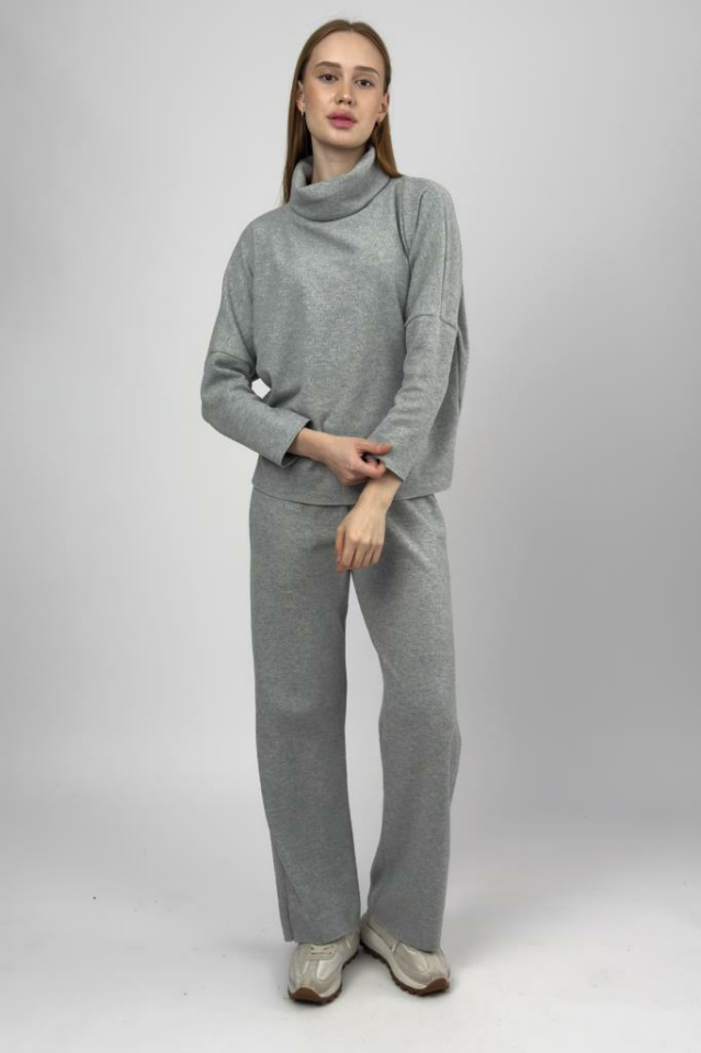 Kadın Boğazlı Triko Kazak Panloton Takım Gri - XL