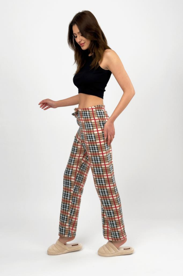 Kadın Polar Pijama Altı Kışlık Lastikli Bel Tek Alt Bej Kare - L