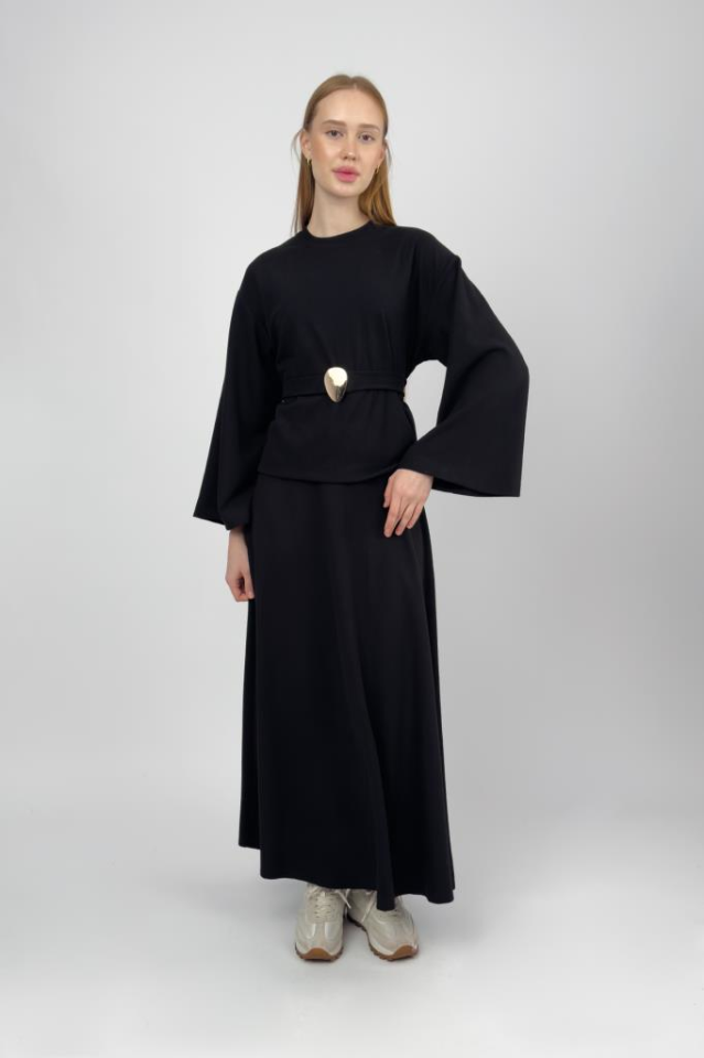 Kadın Fitilli Yarım Balıkçı Kemerli Etekli Takım Siyah - M