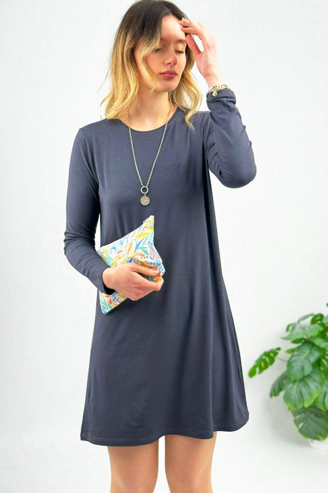 Kadın Uzun Kol Bisiklet Yaka Penye Tunik Içlik Dış Giyim Füme - 2XL/3XL