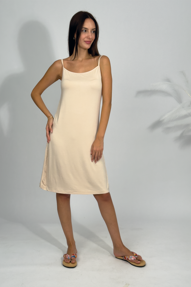 Kadın Pamuklu Penye Viskon İp Askılı İçlik Tunik BEJ - L/XL