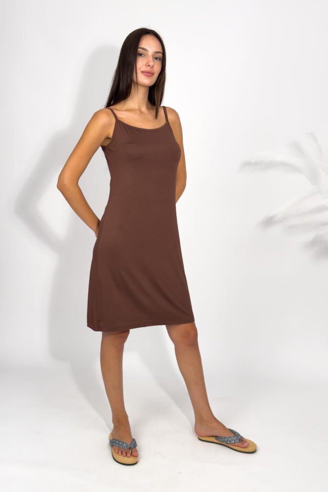 Kadın Pamuklu Penye Viskon İp Askılı İçlik Tunik Kahve - S/M