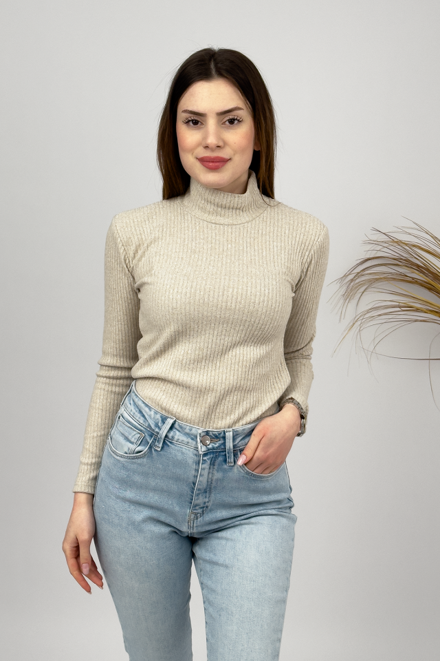Kadın Peluş Uzun Kollu Yarım Balıkçı Yaka Body 1 Adet S/M - Fitilli Bej