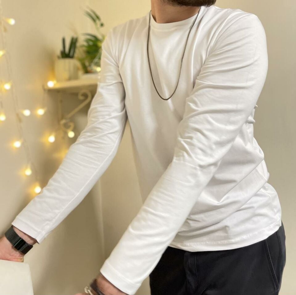 Betimoda Erkek Slim Fit Dar Kesim Bisiklet Yaka Uzun Kol Pamuklu Tişört BEYAZ - 3XL