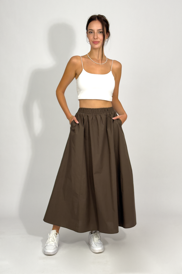 Poplin Beli Lastikli Cepli Uzun Etek Kahve - STANDART
