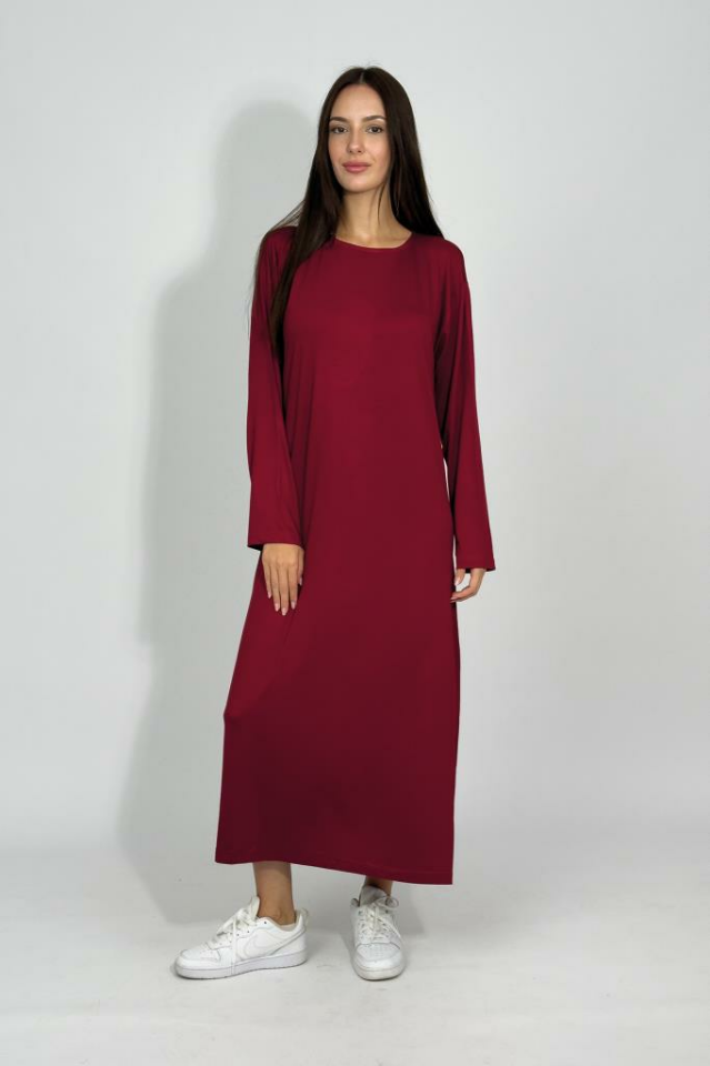 Kadın Yazlık Uzun Kollu Viskon Midi Boy Bisiklet Yaka Elbise BORDO - L/XL