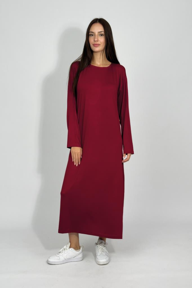 Kadın Yazlık Uzun Kollu Viskon Midi Boy Bisiklet Yaka Elbise BORDO - 2XL/3XL