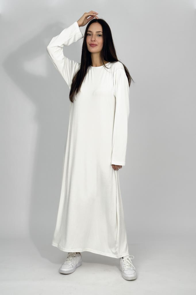 Kadın Yazlık Uzun Kollu Viskon Midi Boy Bisiklet Yaka Elbise EKRU - L/XL