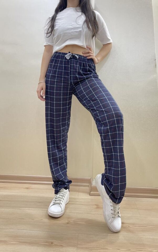 Kadın Lastikli Bel %100 Pamuk Kurdeleli Desenli Pijama Altı LACİVERT - M