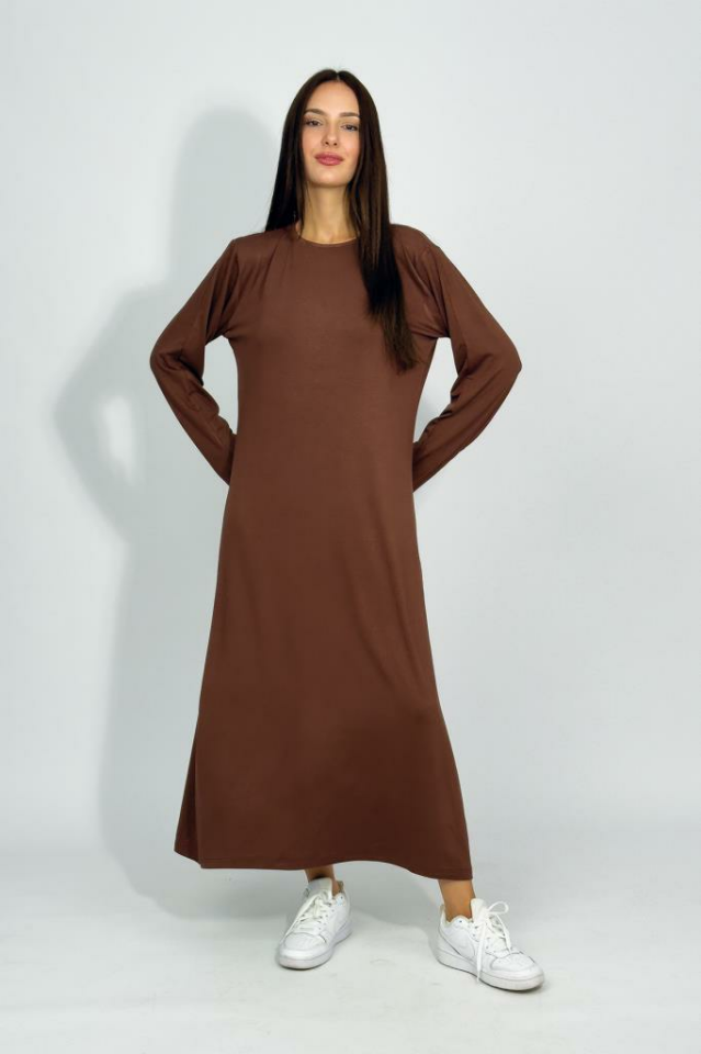 Kadın Yazlık Uzun Kollu Viskon Midi Boy Bisiklet Yaka Elbise Kahve - 2XL/3XL