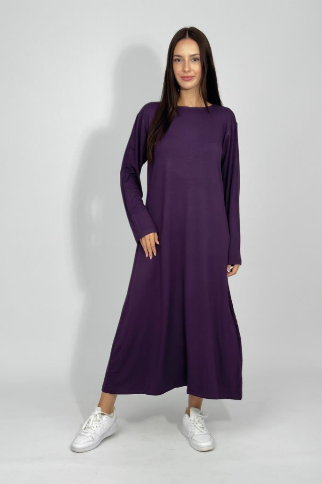 Kadın Yazlık Uzun Kollu Viskon Midi Boy Bisiklet Yaka Elbise MOR - L/XL