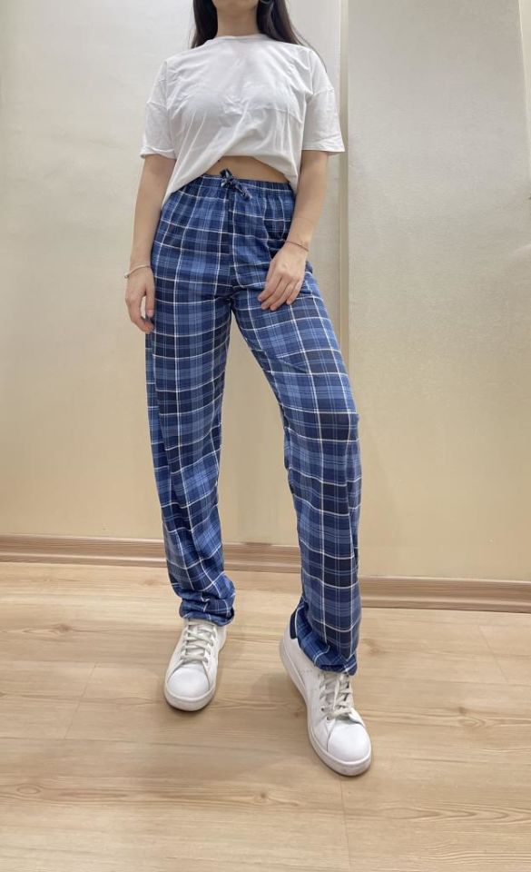 Kadın Lastikli Bel %100 Pamuk Kurdeleli Desenli Pijama Altı MAVİ - M