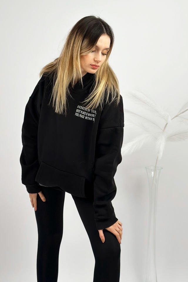 Kapüşonlu Cepli Oversize Pamuklu Hoodie Rahat Sweatshirt SİYAH - S