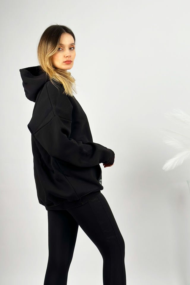 Kapüşonlu Cepli Oversize Pamuklu Hoodie Rahat Sweatshirt SİYAH - S