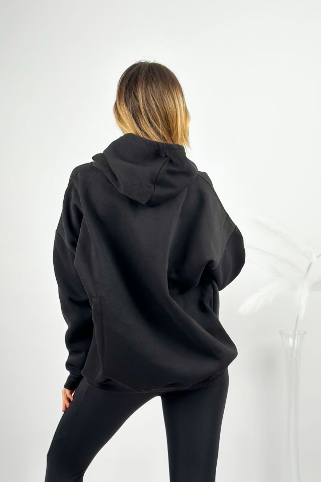 Kapüşonlu Cepli Oversize Pamuklu Hoodie Rahat Sweatshirt SİYAH - S