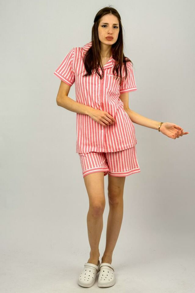 Kadın %100 Pamuklu Kısa Kollu Düğmeli Lastikli Bel Şort Pijama Takımı Pembe Beyaz Çizgili Pembe Çizgili - M