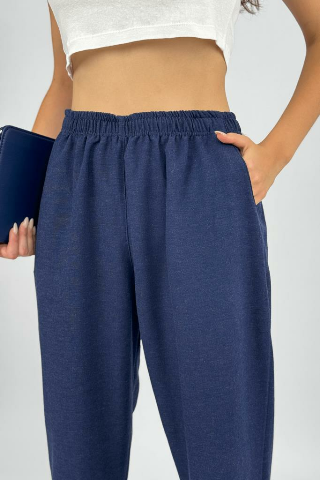 Kadın Pamuk Keten Cepli Bol Kesim Oversize Palazzo Pantolon LACİVERT - 3XL