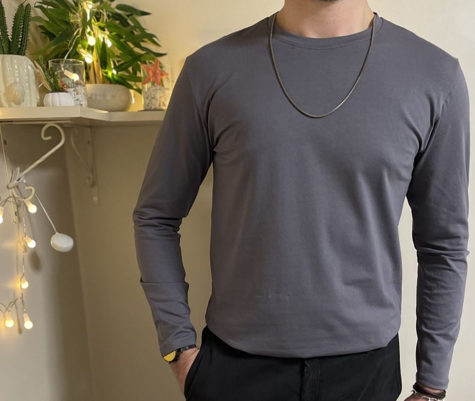 Betimoda Erkek Slim Fit Dar Kesim Bisiklet Yaka Uzun Kol Pamuklu Tişört GRİ - L