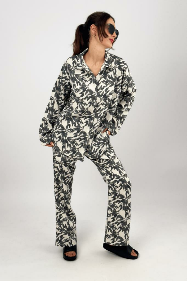 Kadın 2li Keten Gömlek Bol Paça Palazzo Pantolon Alt Üst Takım SİYAH - L