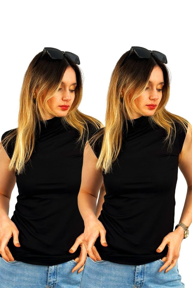 Kadın Sıfır Kol Yarım Balıkçı Yaka Body 2 Adet SİYAH - L/XL