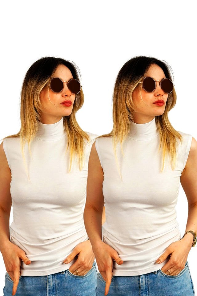 Kadın Sıfır Kol Yarım Balıkçı Yaka Body 2 Adet BEYAZ - S/M