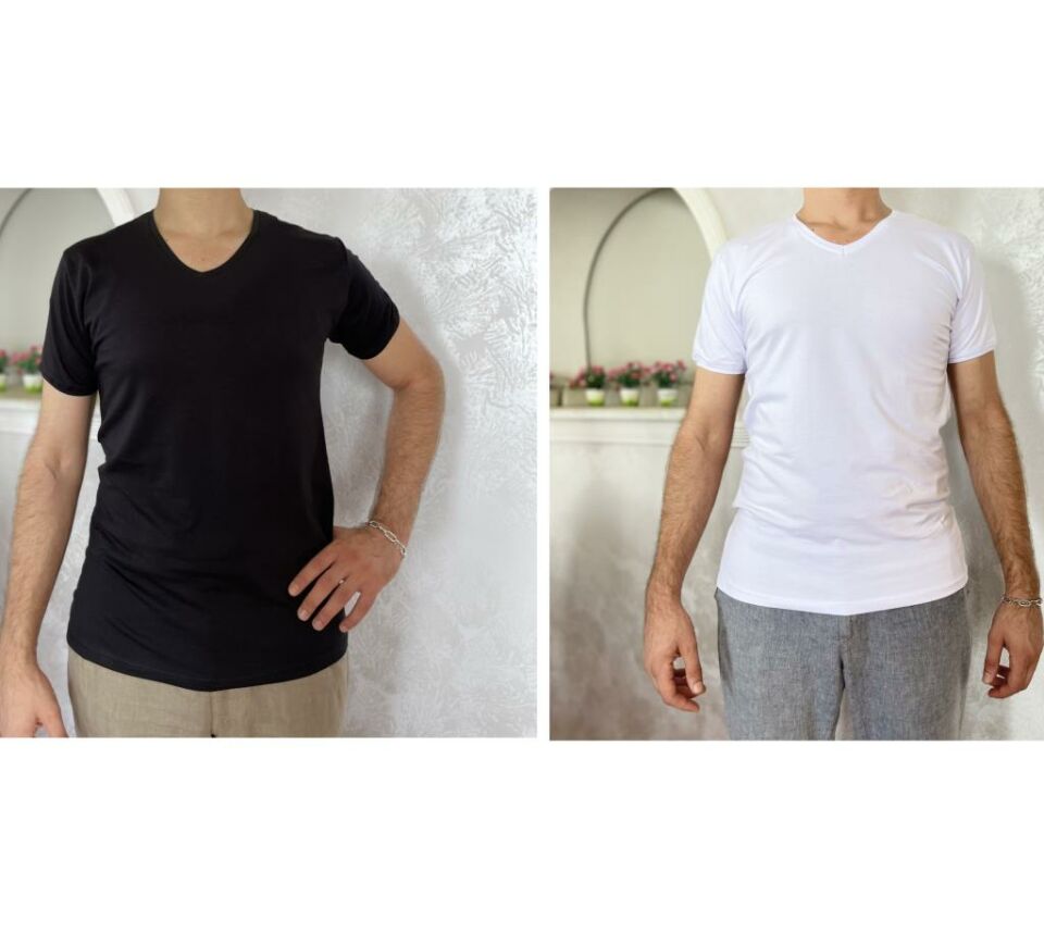 Erkek Elastan V Yaka Kısa(Yarım) Kol 2 Adet T-Shirt Siyah Beyaz - S