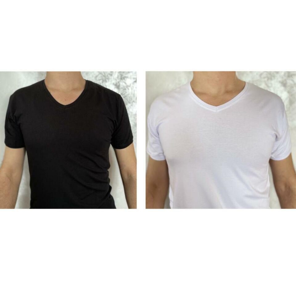 Erkek Elastan V Yaka Kısa(Yarım) Kol 2 Adet T-Shirt Siyah Beyaz - S