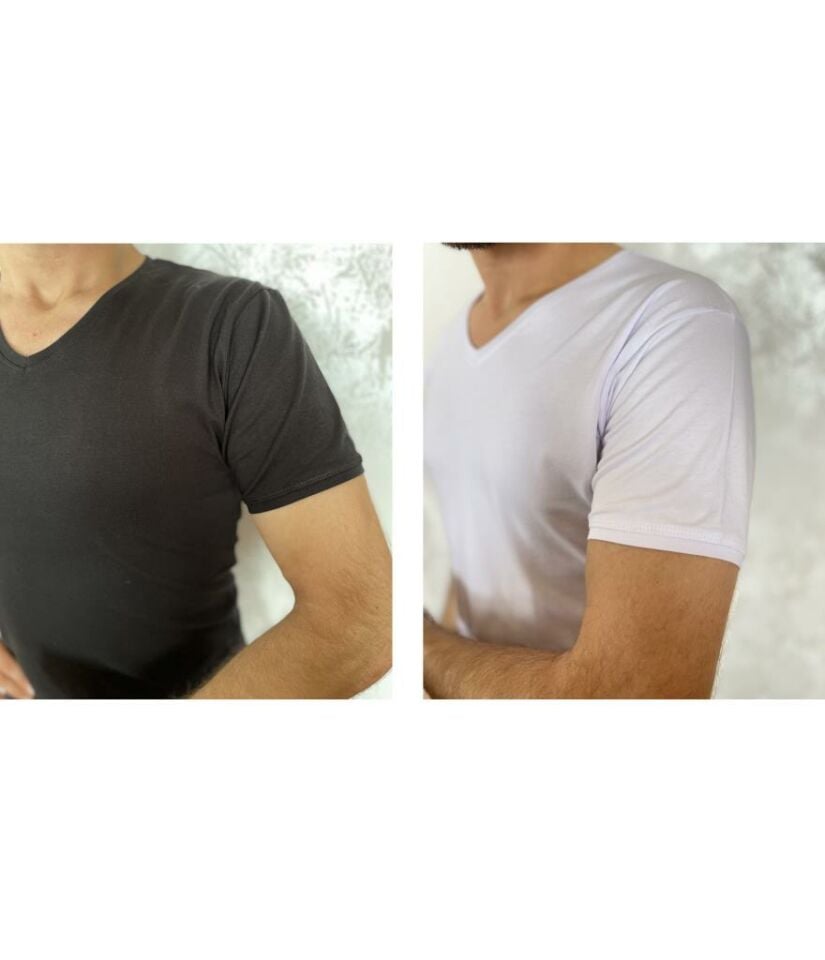 Erkek Elastan V Yaka Kısa(Yarım) Kol 2 Adet T-Shirt Siyah Beyaz - S