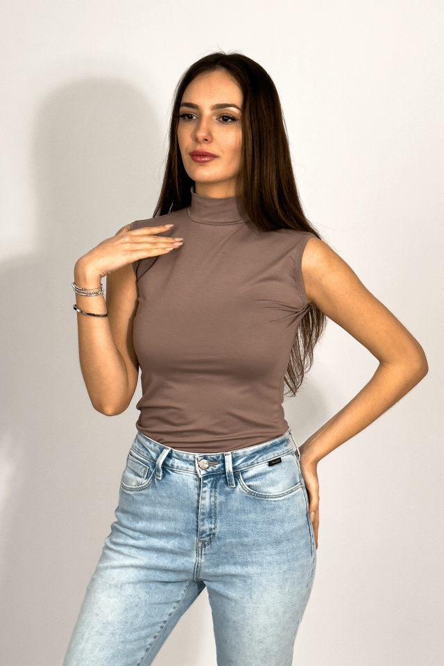 Kadın Sıfır Kol Yarım Balıkçı Yaka Body 1 Adet VİZON - L/XL