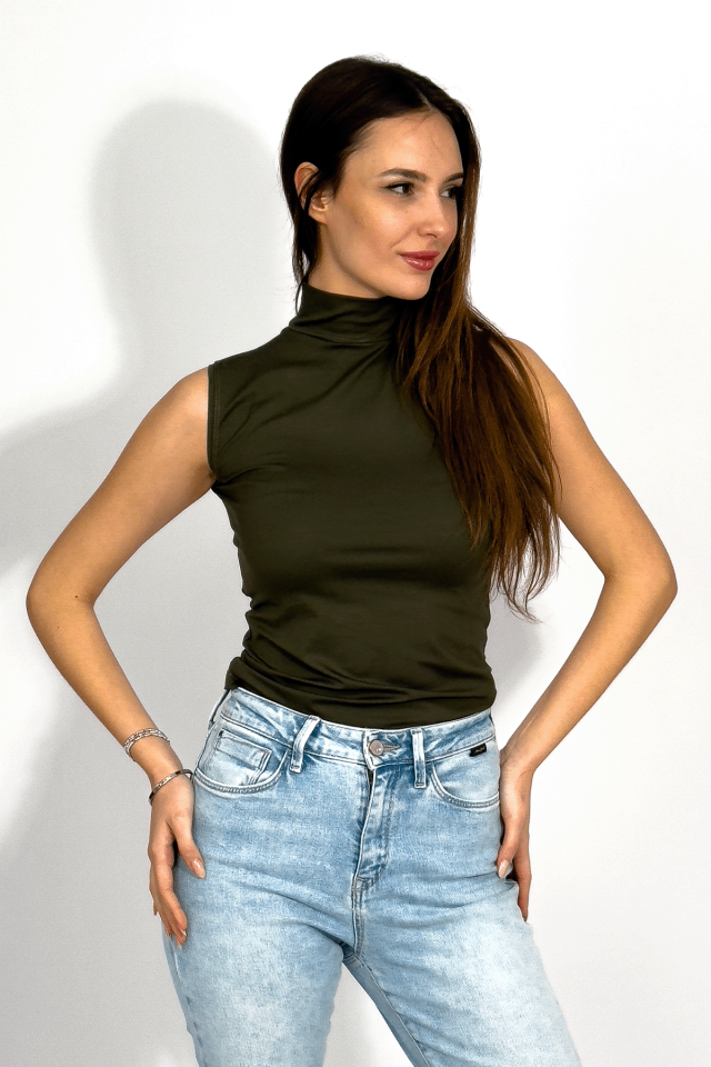 Kadın Sıfır Kol Yarım Balıkçı Yaka Body 1 Adet Asker Yeşili - L/XL