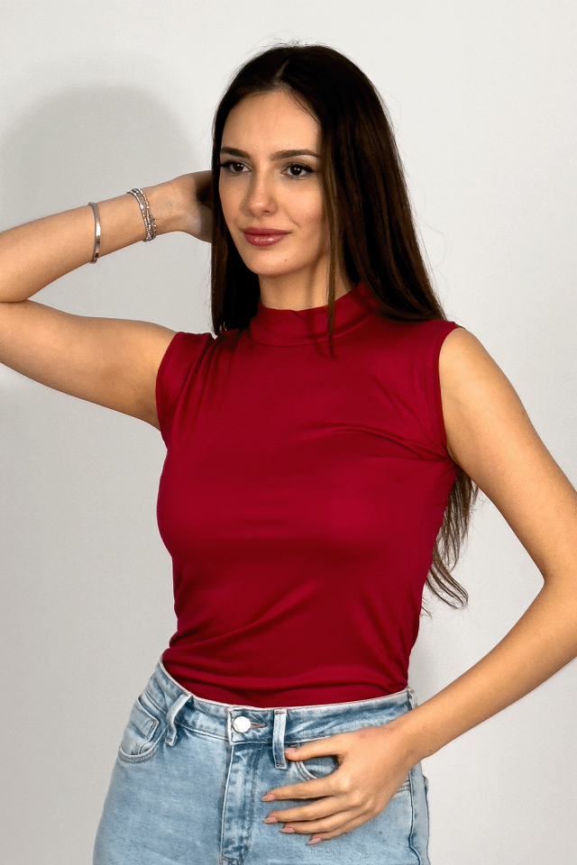 Kadın Sıfır Kol Yarım Balıkçı Yaka Body 1 Adet BORDO - L/XL