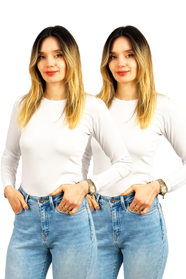 Kadın Uzun Kollu Bisiklet Yaka Body 2 Adet BEYAZ - L/XL
