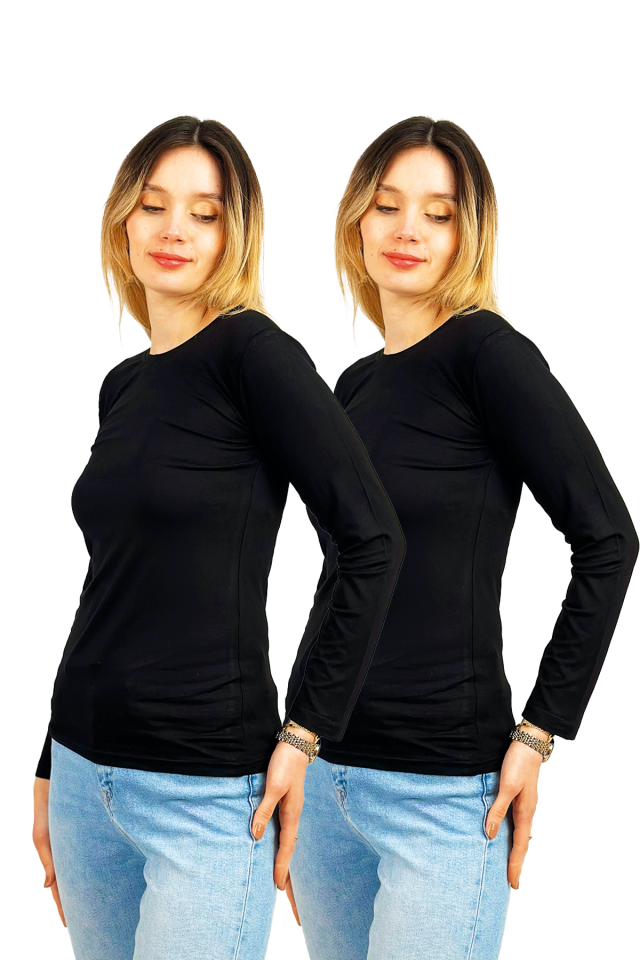 Kadın Uzun Kollu Bisiklet Yaka Body 2 Adet SİYAH - L/XL