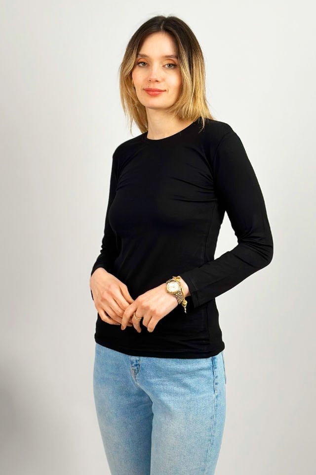 Kadın Uzun Kollu Bisiklet Yaka Body 1 Adet SİYAH - 2XL/3XL