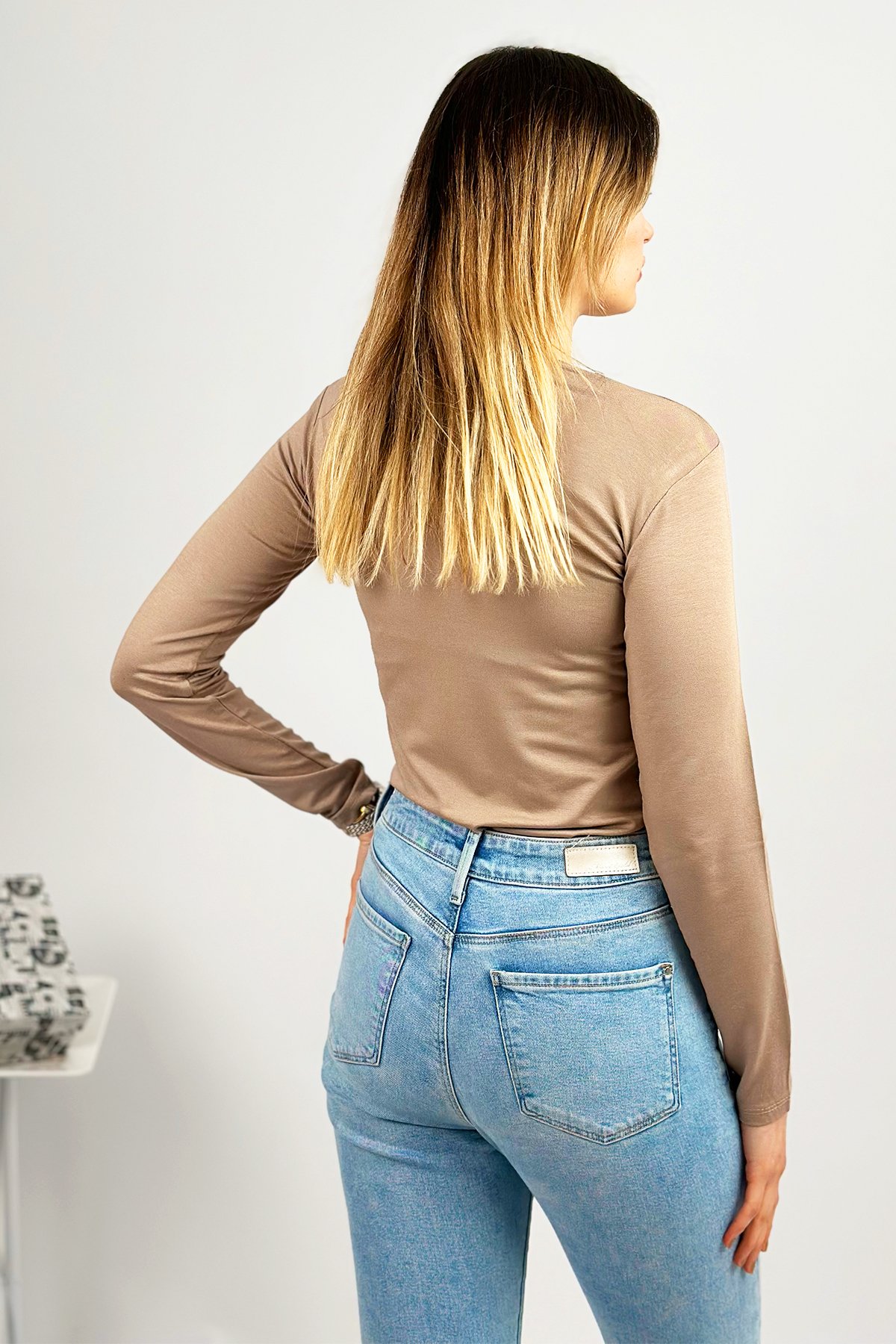 Kadın Uzun Kollu Bisiklet Yaka Body 1 Adet VİZON - S/M