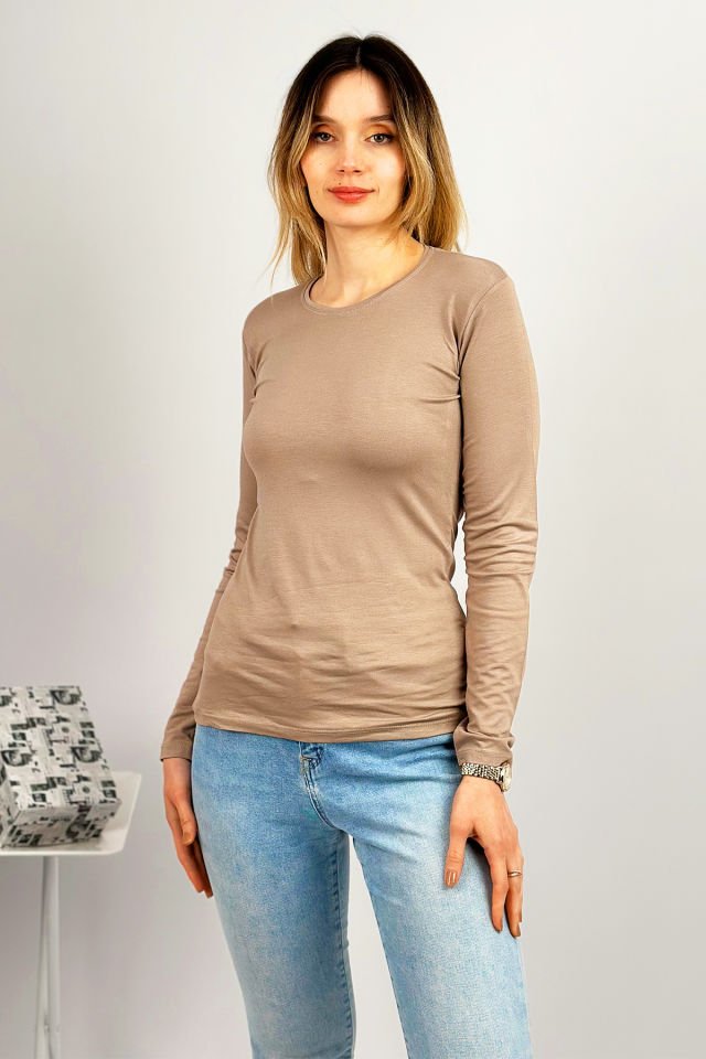 Kadın Uzun Kollu Bisiklet Yaka Body 1 Adet VİZON - S/M