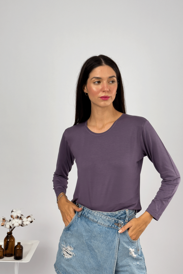 Kadın Uzun Kollu Bisiklet Yaka Body 1 Adet MOR - L/XL
