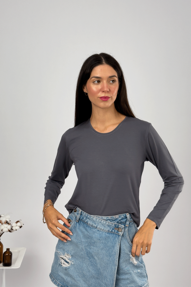 Kadın Uzun Kollu Bisiklet Yaka Body 1 Adet Füme - S/M