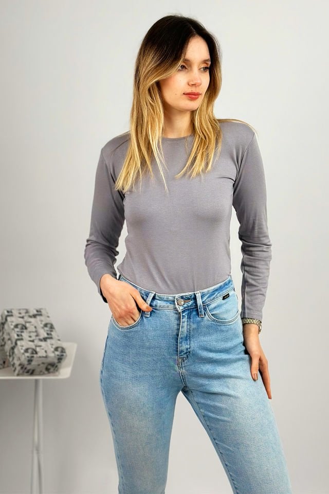 Kadın Uzun Kollu Bisiklet Yaka Body 1 Adet GRİ - S/M
