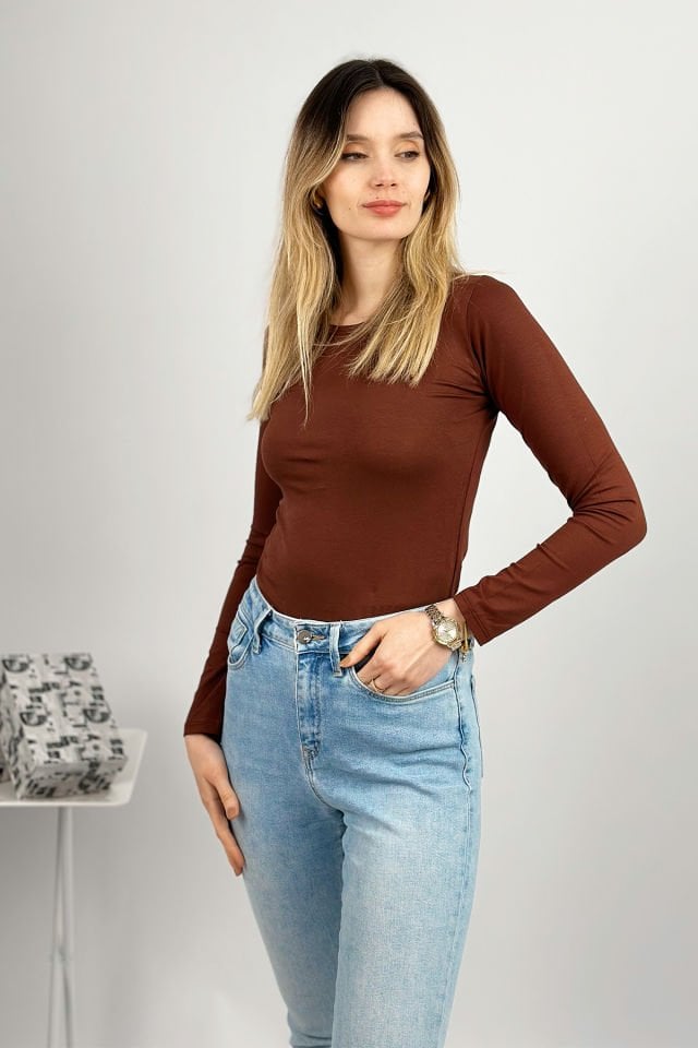 Kadın Uzun Kollu Bisiklet Yaka Body 1 Adet KAHVERENGİ - L/XL