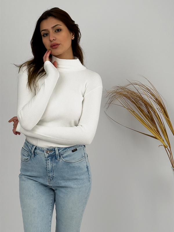 Kadın Peluş Uzun Kollu Yarım Balıkçı Yaka Body 1 Adet Fitilli Ekru - S/M